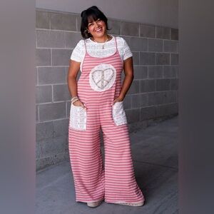 Striped Pink and White Jumpsuit with Peace Sign